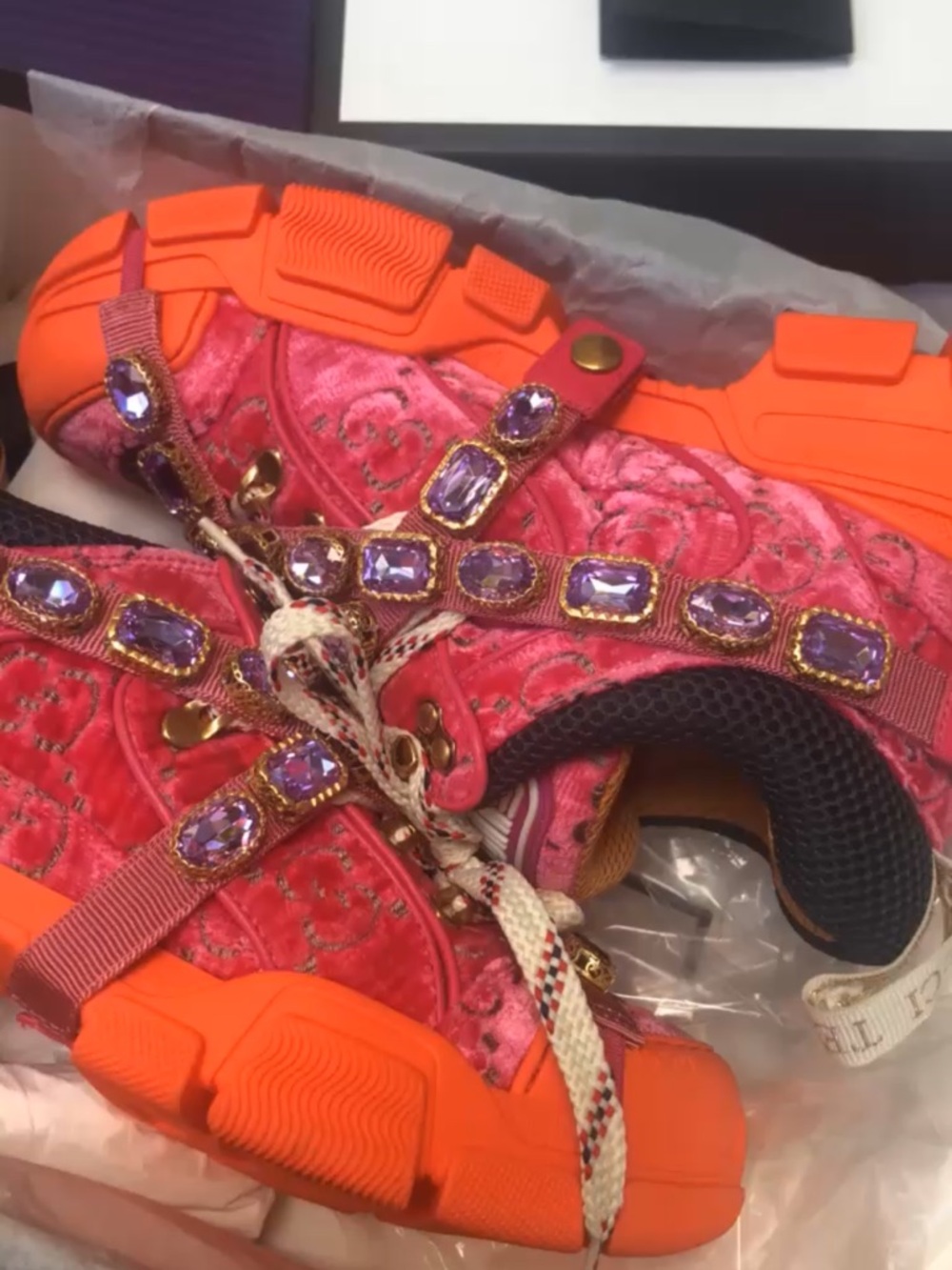 Gucci Pink Velvet Sneakers with Orange Sole and Purple Crystal Accents flashtrek